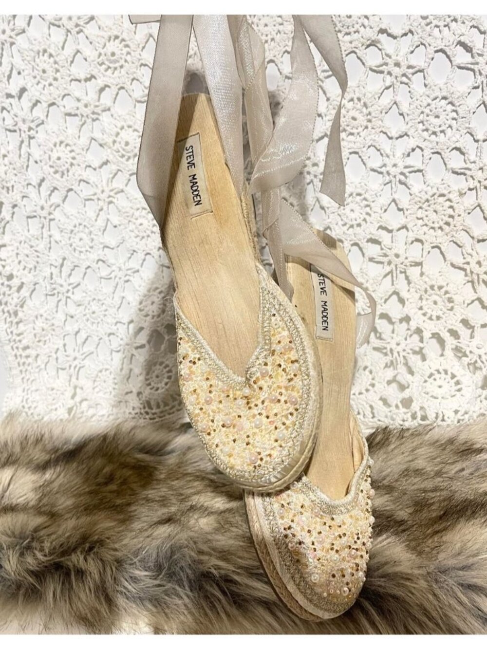 Fairy Y2K Embroidered beaded wedges shoes - pearls, beads  and sequins
